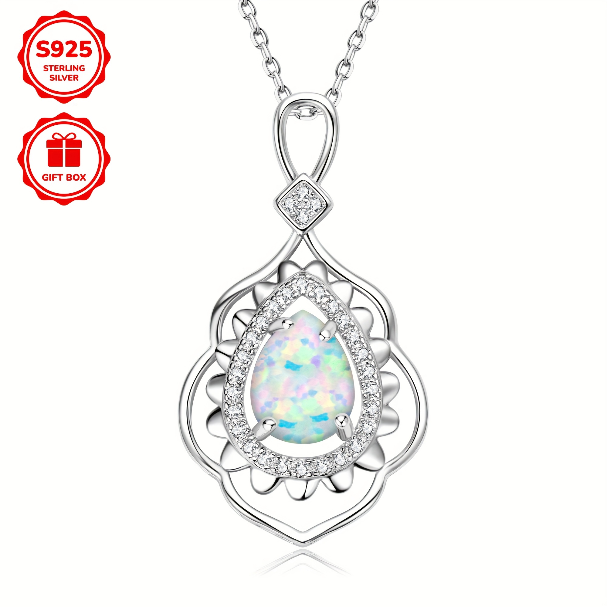 925 Silver Opal Pendant Necklace with Zirconia Studded - Bohemian Vintage Style